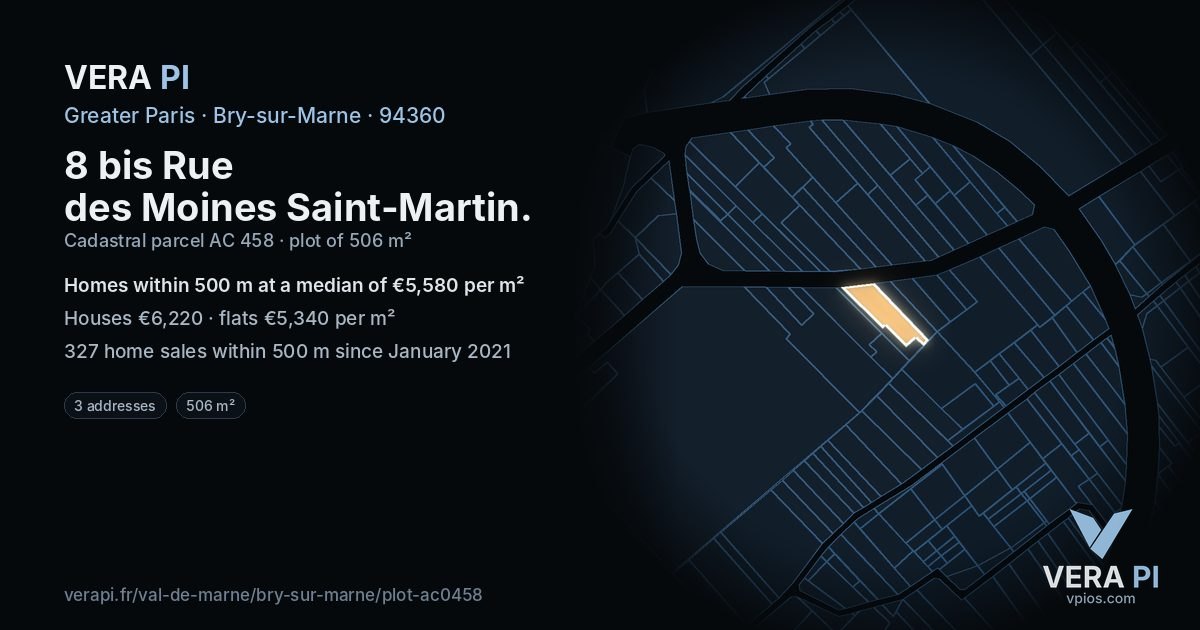 8 bis Rue des Moines Saint-Martin, Bry-sur-Marne at night – the plot lit, the parcels around coloured by the prices near them