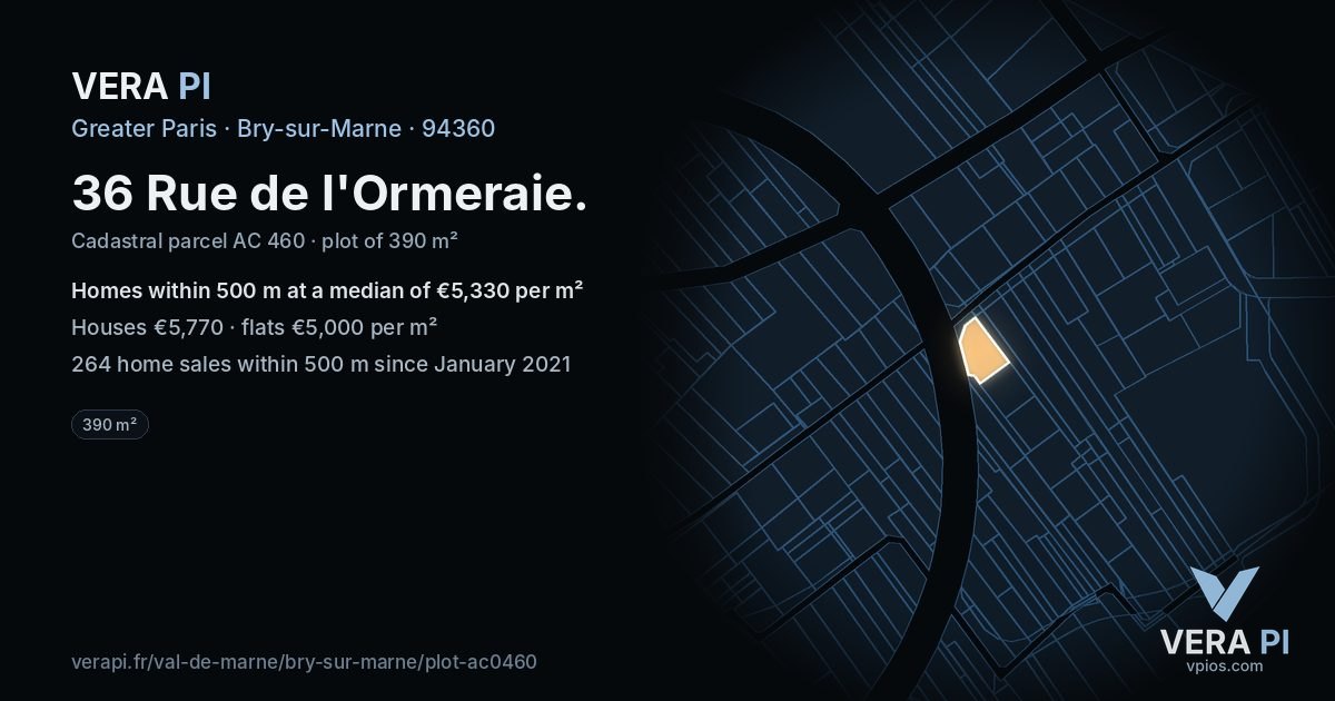 36 Rue de l'Ormeraie, Bry-sur-Marne at night – the plot lit, the parcels around coloured by the prices near them