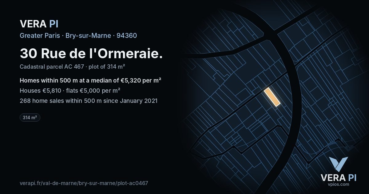 30 Rue de l'Ormeraie, Bry-sur-Marne at night – the plot lit, the parcels around coloured by the prices near them