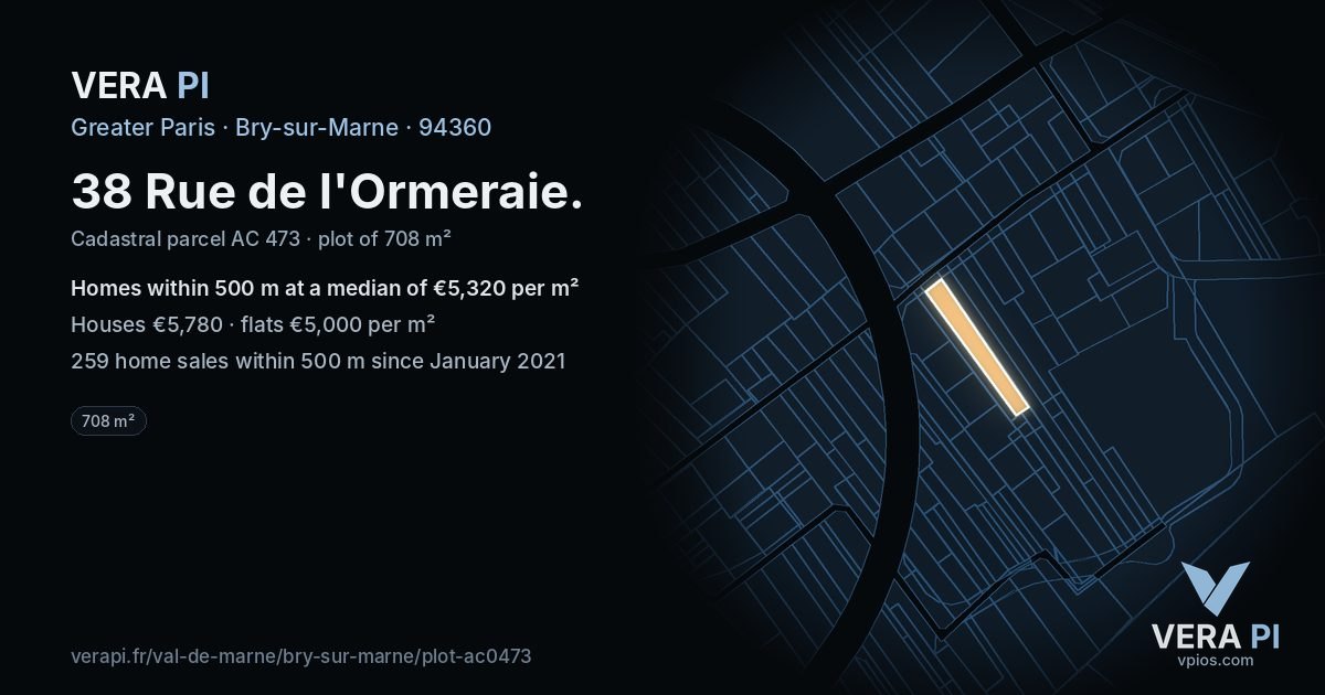 38 Rue de l'Ormeraie, Bry-sur-Marne at night – the plot lit, the parcels around coloured by the prices near them