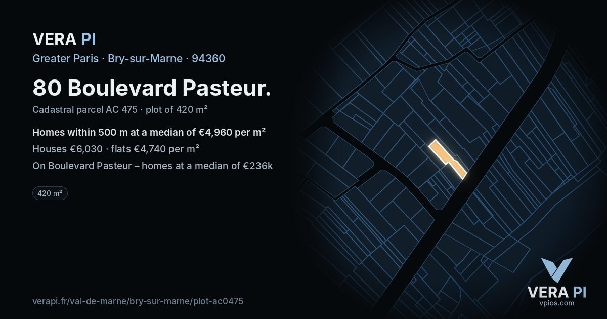 80 Boulevard Pasteur, Bry-sur-Marne at night – the plot lit, the parcels around coloured by the prices near them