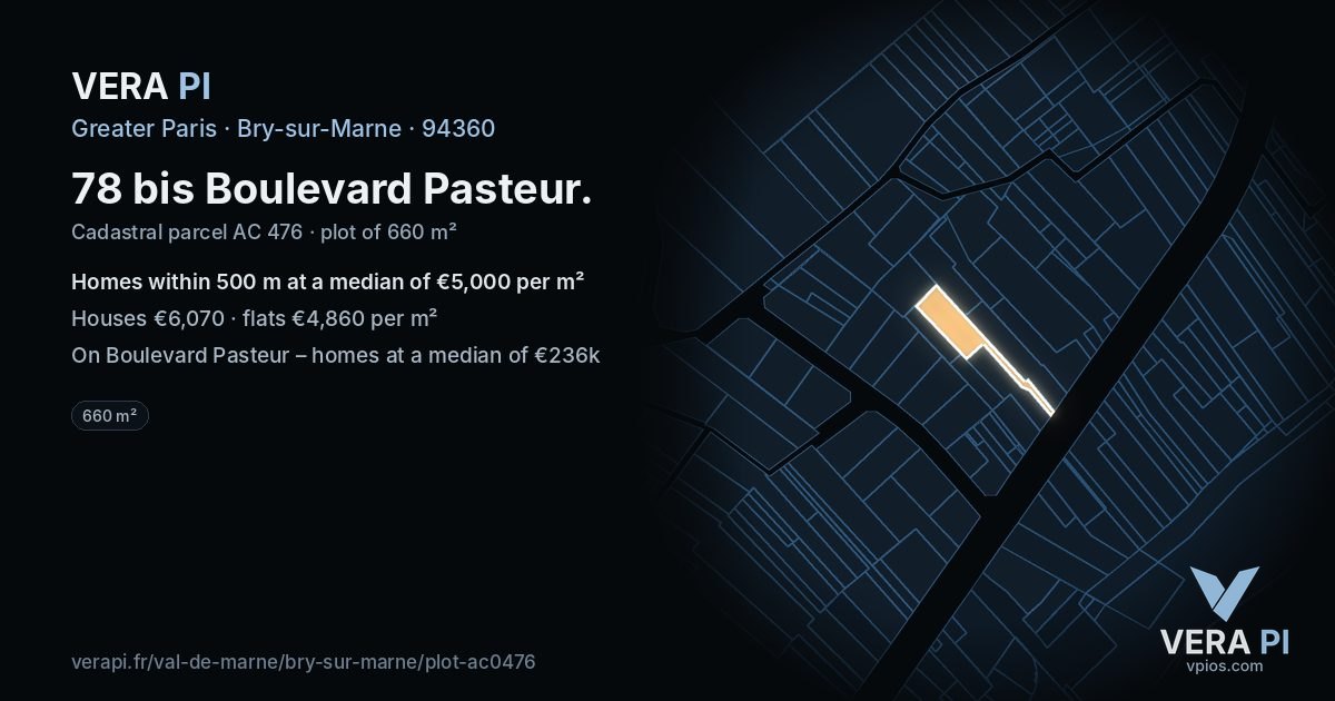 78 bis Boulevard Pasteur, Bry-sur-Marne at night – the plot lit, the parcels around coloured by the prices near them