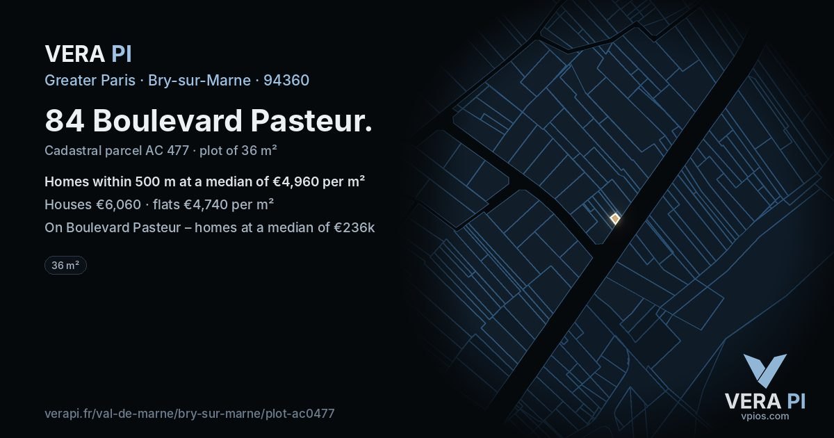 84 Boulevard Pasteur, Bry-sur-Marne at night – the plot lit, the parcels around coloured by the prices near them
