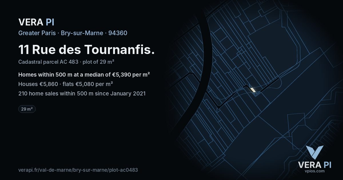 11 Rue des Tournanfis, Bry-sur-Marne at night – the plot lit, the parcels around coloured by the prices near them