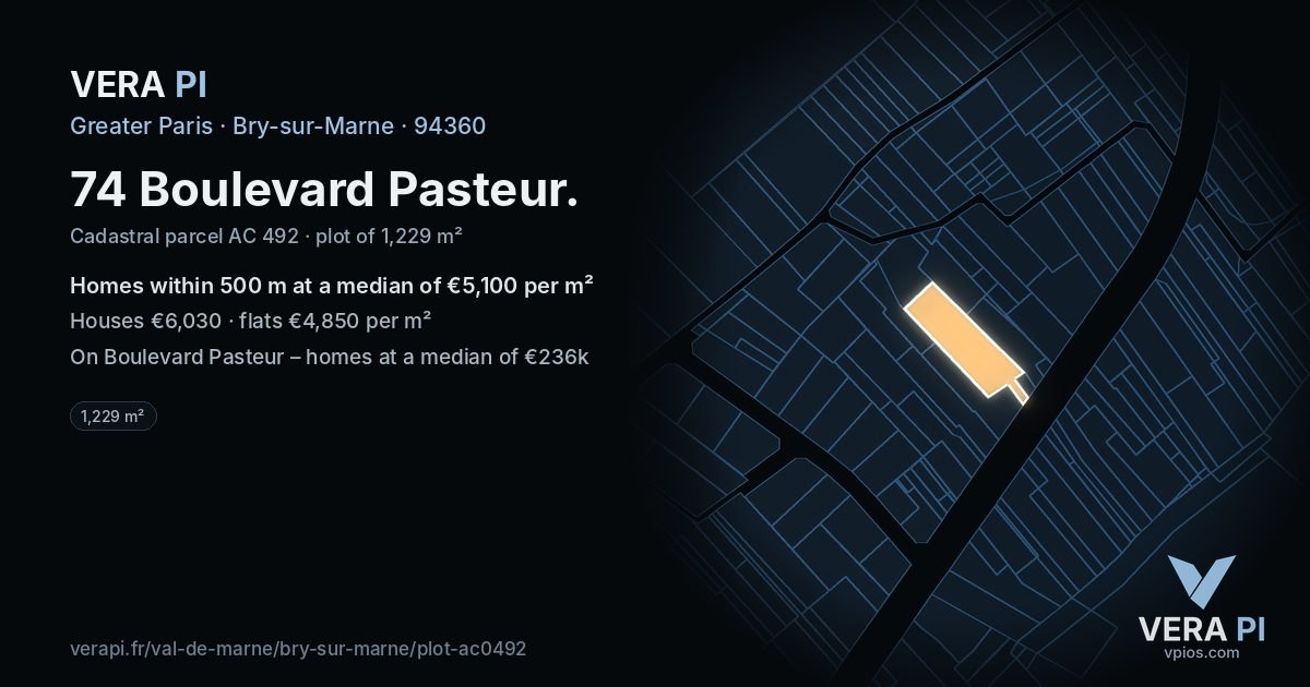 74 Boulevard Pasteur, Bry-sur-Marne at night – the plot lit, the parcels around coloured by the prices near them