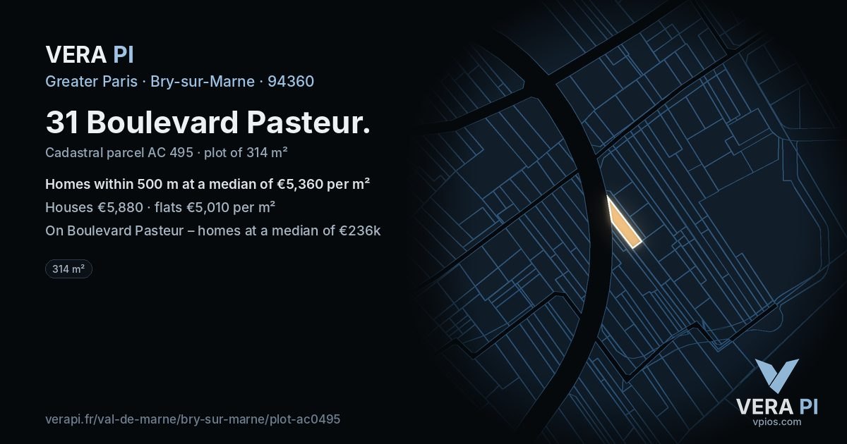 31 Boulevard Pasteur, Bry-sur-Marne at night – the plot lit, the parcels around coloured by the prices near them