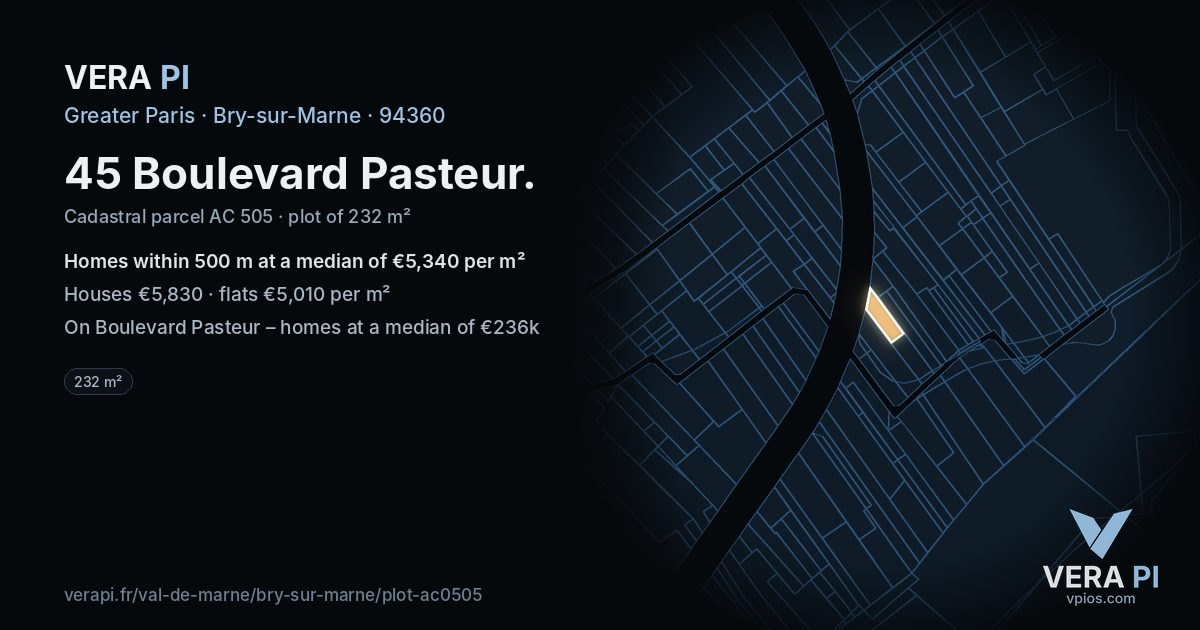45 Boulevard Pasteur, Bry-sur-Marne at night – the plot lit, the parcels around coloured by the prices near them