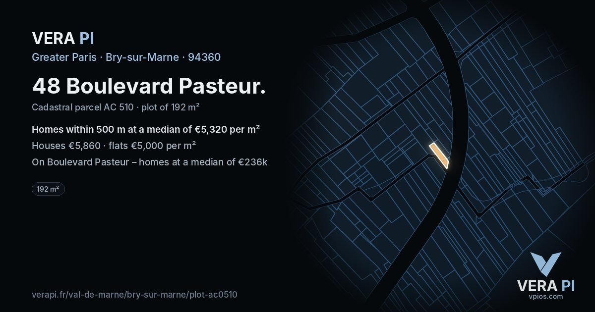 48 Boulevard Pasteur, Bry-sur-Marne at night – the plot lit, the parcels around coloured by the prices near them