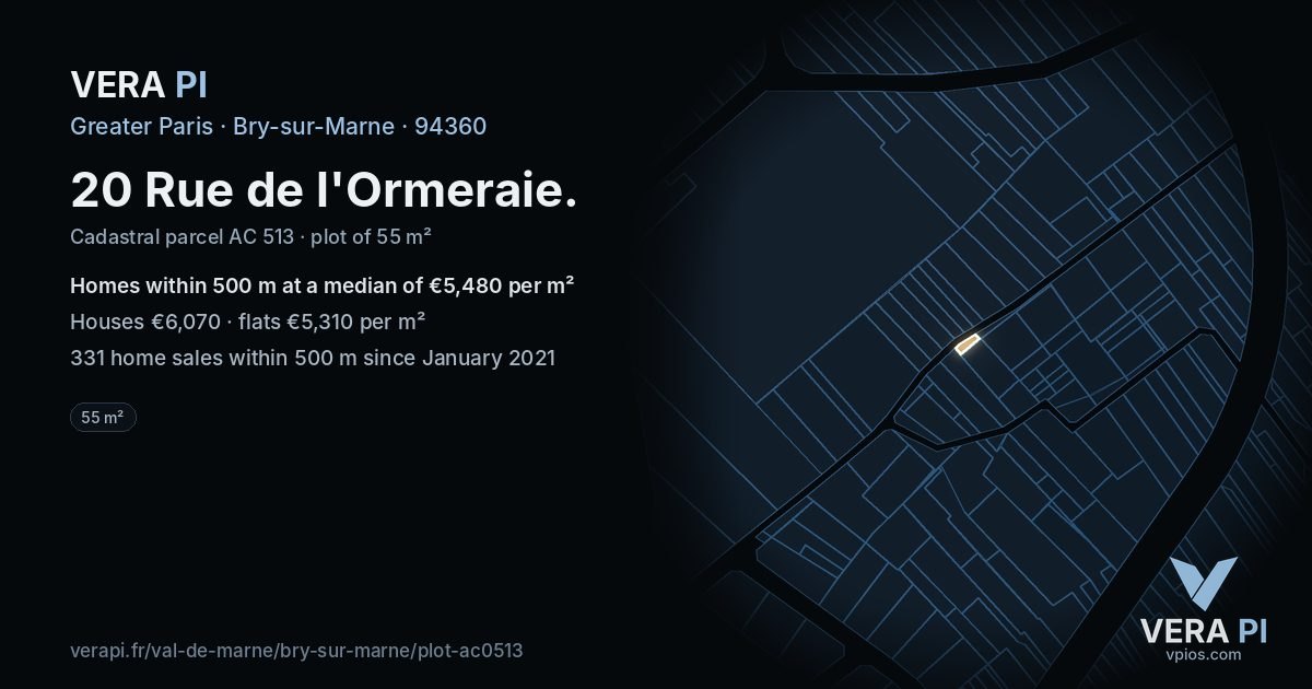 20 Rue de l'Ormeraie, Bry-sur-Marne at night – the plot lit, the parcels around coloured by the prices near them