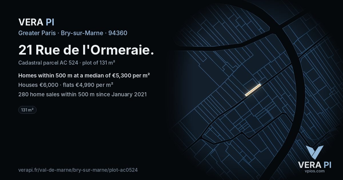 21 Rue de l'Ormeraie, Bry-sur-Marne at night – the plot lit, the parcels around coloured by the prices near them