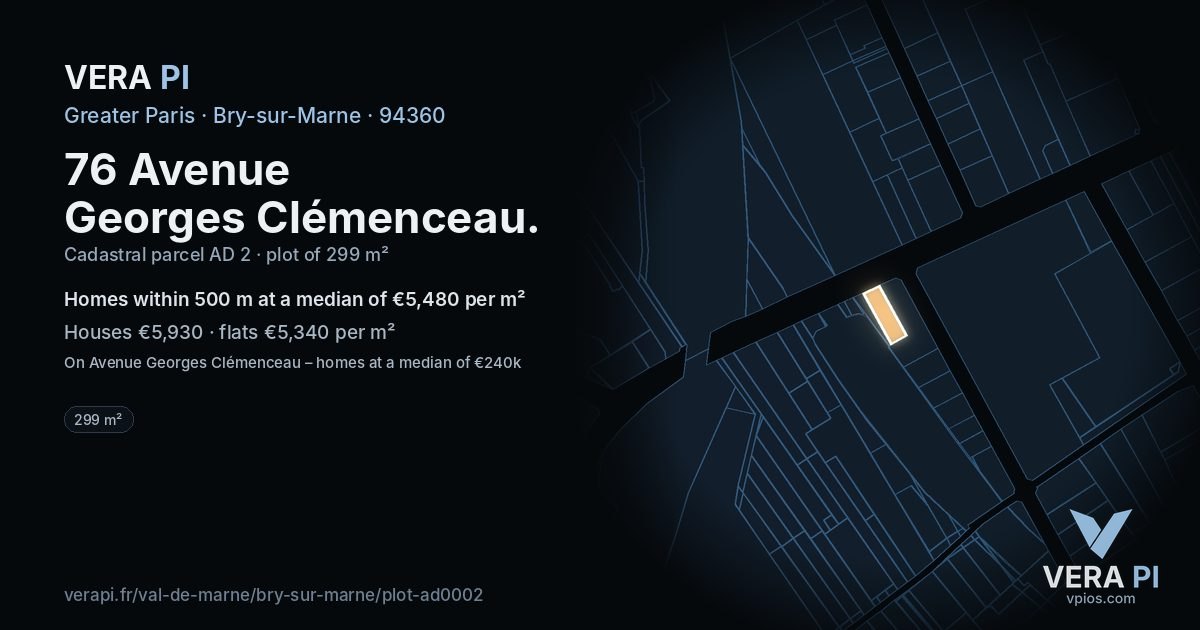 76 Avenue Georges Clémenceau, Bry-sur-Marne at night – the plot lit, the parcels around coloured by the prices near them