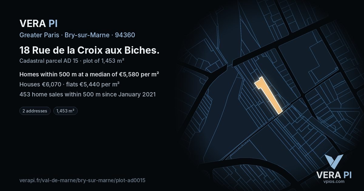 18 Rue de la Croix aux Biches, Bry-sur-Marne at night – the plot lit, the parcels around coloured by the prices near them