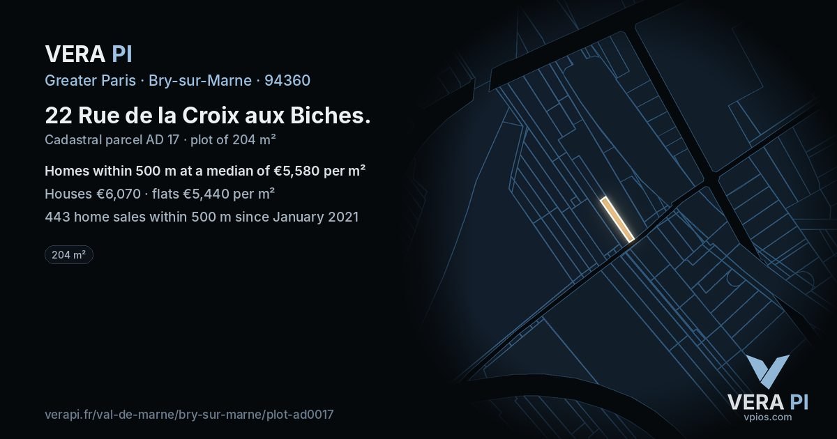 22 Rue de la Croix aux Biches, Bry-sur-Marne at night – the plot lit, the parcels around coloured by the prices near them