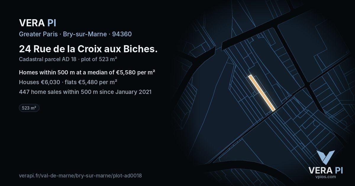 24 Rue de la Croix aux Biches, Bry-sur-Marne at night – the plot lit, the parcels around coloured by the prices near them