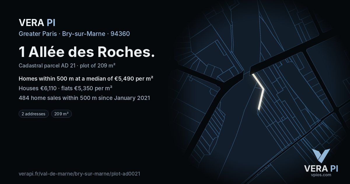 1 Allée des Roches, Bry-sur-Marne at night – the plot lit, the parcels around coloured by the prices near them