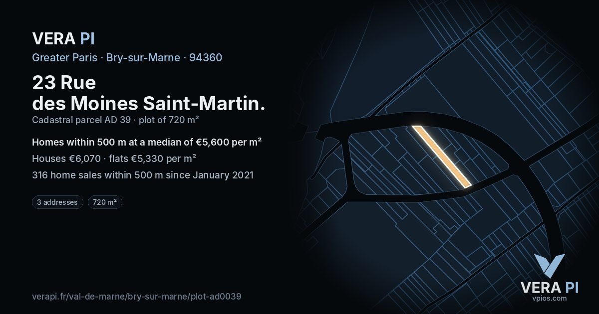 23 Rue des Moines Saint-Martin, Bry-sur-Marne at night – the plot lit, the parcels around coloured by the prices near them