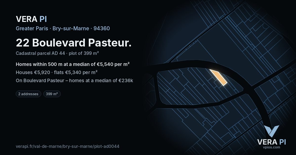 22 Boulevard Pasteur, Bry-sur-Marne at night – the plot lit, the parcels around coloured by the prices near them