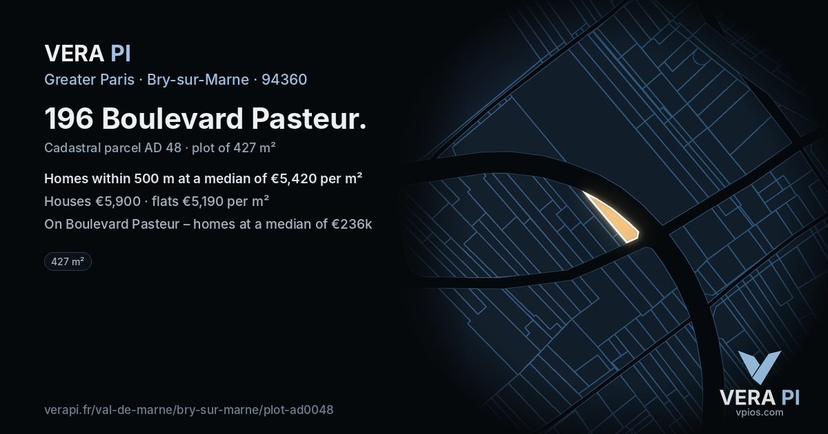 196 Boulevard Pasteur, Bry-sur-Marne at night – the plot lit, the parcels around coloured by the prices near them