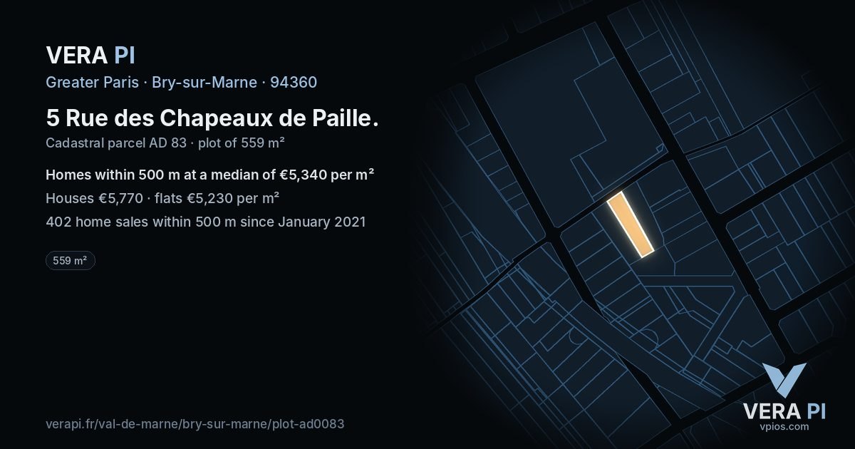 5 Rue des Chapeaux de Paille, Bry-sur-Marne at night – the plot lit, the parcels around coloured by the prices near them