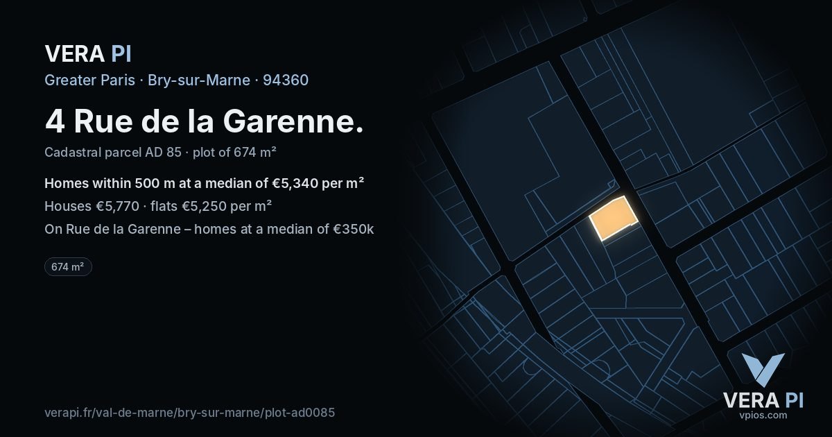 4 Rue de la Garenne, Bry-sur-Marne at night – the plot lit, the parcels around coloured by the prices near them