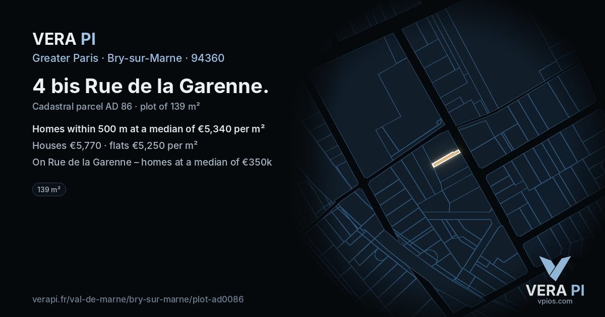4 bis Rue de la Garenne, Bry-sur-Marne at night – the plot lit, the parcels around coloured by the prices near them