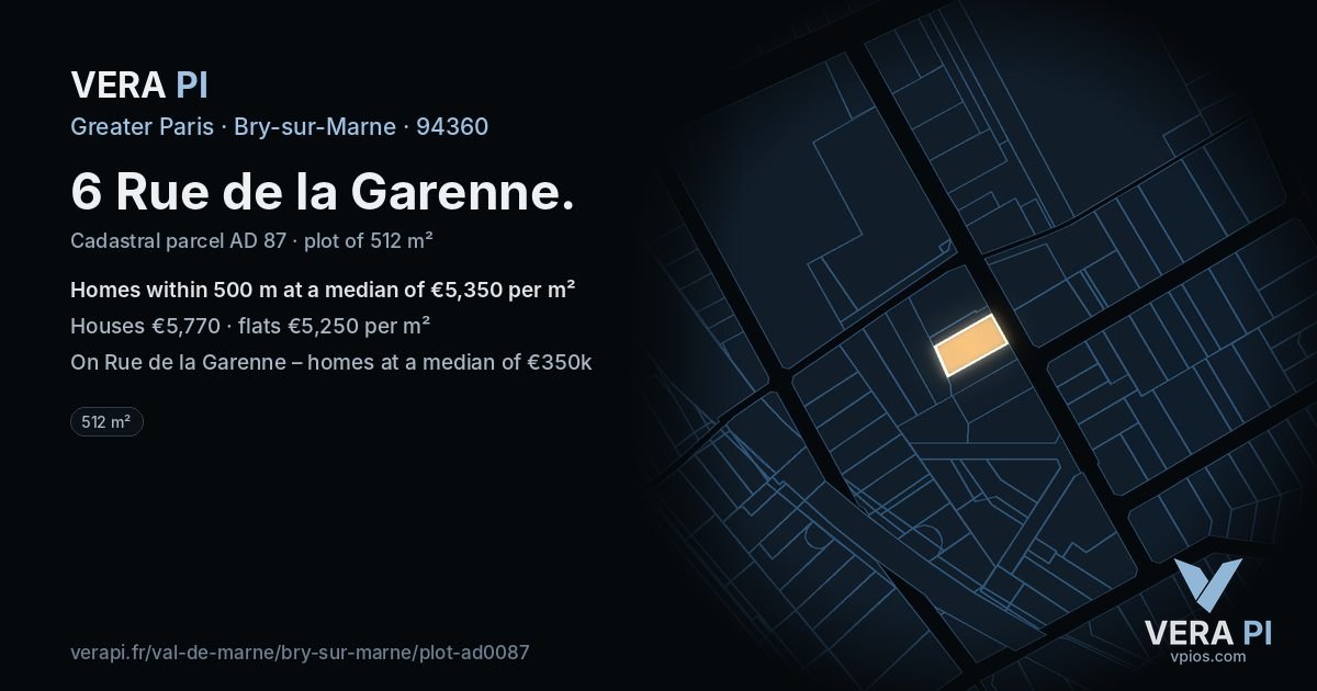 6 Rue de la Garenne, Bry-sur-Marne at night – the plot lit, the parcels around coloured by the prices near them