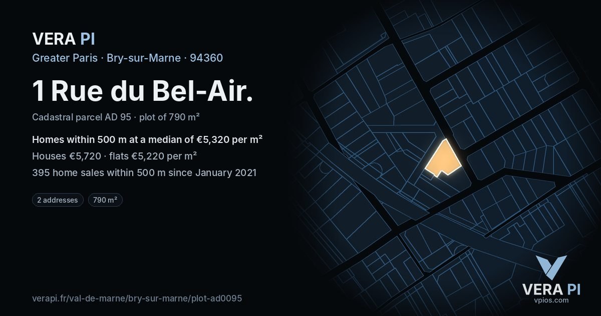 1 Rue du Bel-Air, Bry-sur-Marne at night – the plot lit, the parcels around coloured by the prices near them