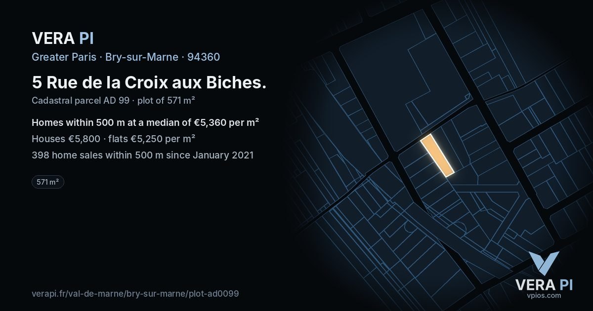 5 Rue de la Croix aux Biches, Bry-sur-Marne at night – the plot lit, the parcels around coloured by the prices near them