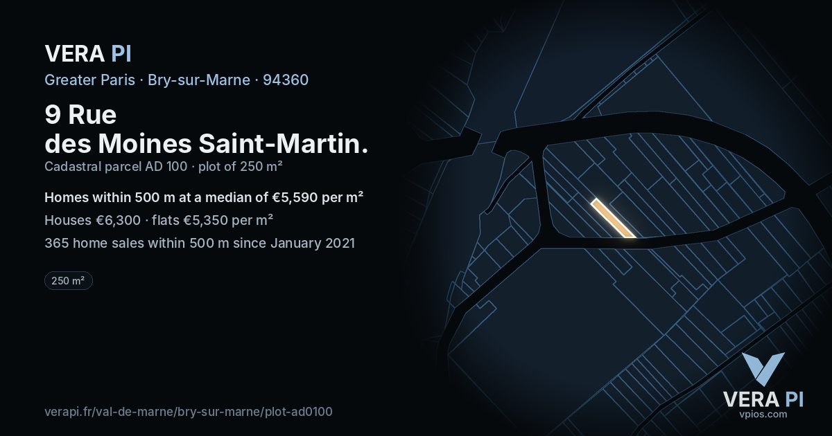 9 Rue des Moines Saint-Martin, Bry-sur-Marne at night – the plot lit, the parcels around coloured by the prices near them