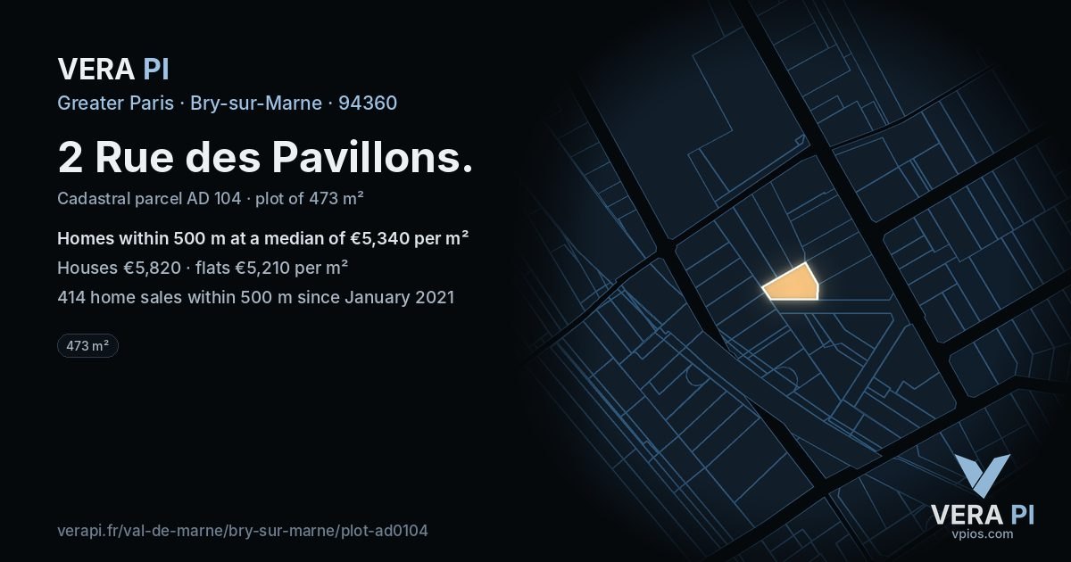 2 Rue des Pavillons, Bry-sur-Marne at night – the plot lit, the parcels around coloured by the prices near them