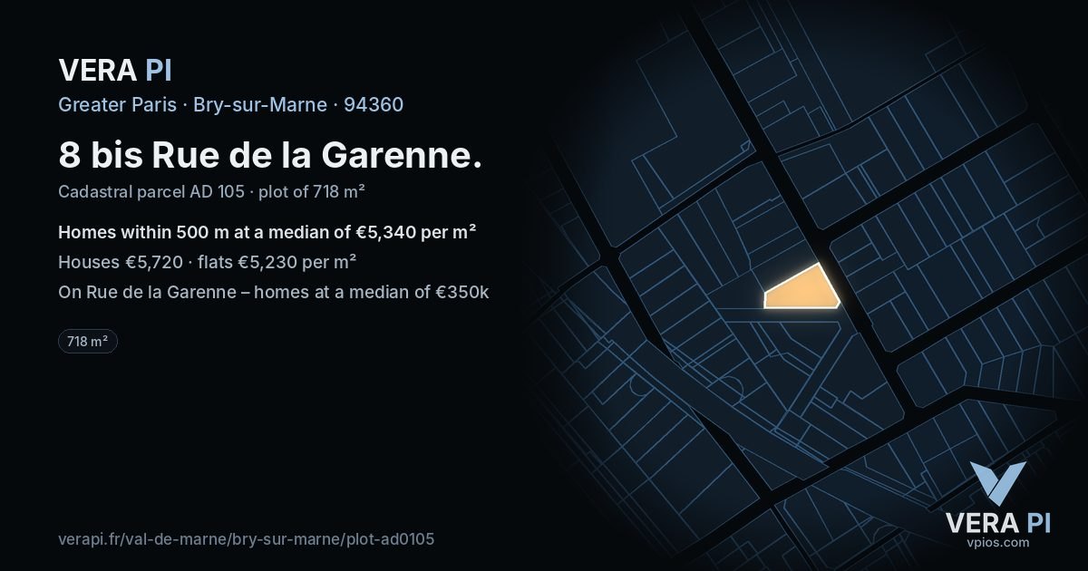 8 bis Rue de la Garenne, Bry-sur-Marne at night – the plot lit, the parcels around coloured by the prices near them