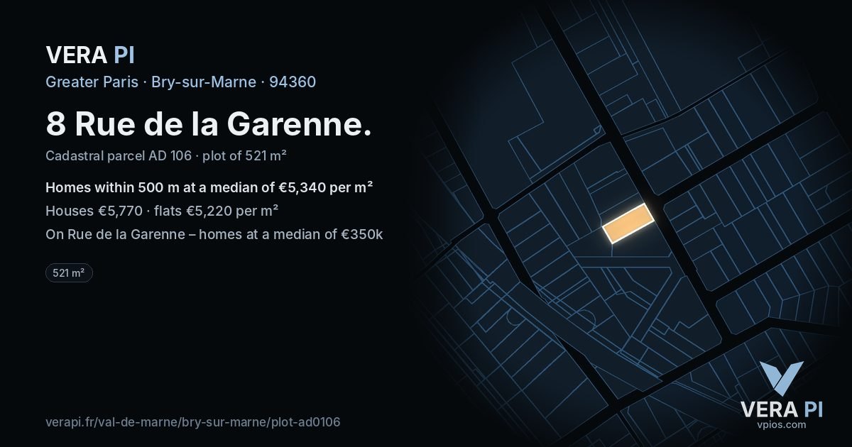 8 Rue de la Garenne, Bry-sur-Marne at night – the plot lit, the parcels around coloured by the prices near them