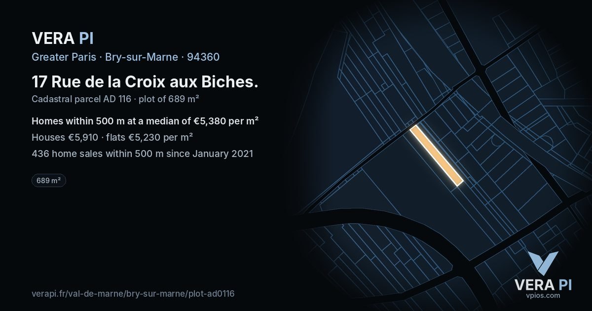 17 Rue de la Croix aux Biches, Bry-sur-Marne at night – the plot lit, the parcels around coloured by the prices near them
