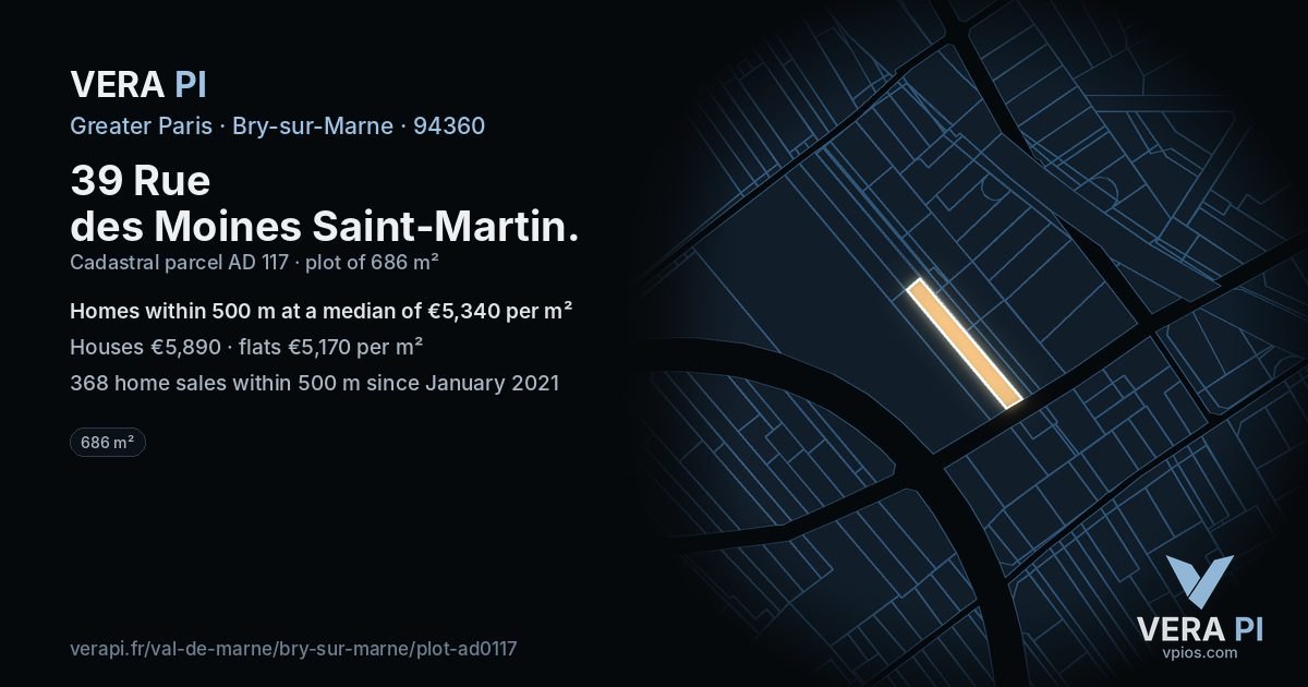 39 Rue des Moines Saint-Martin, Bry-sur-Marne at night – the plot lit, the parcels around coloured by the prices near them