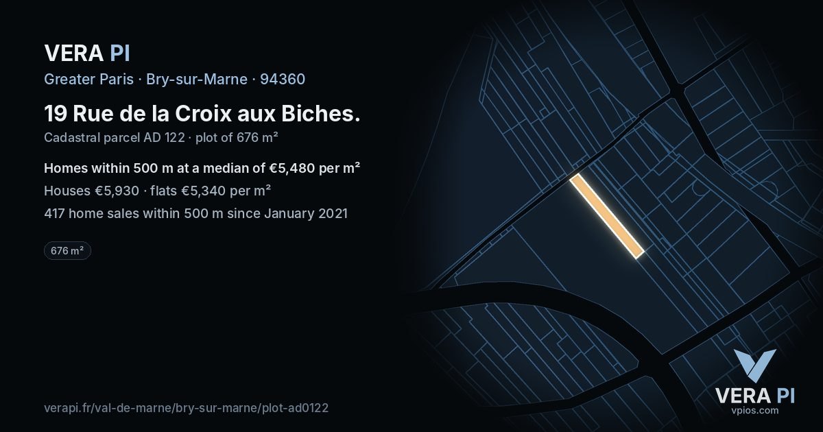 19 Rue de la Croix aux Biches, Bry-sur-Marne at night – the plot lit, the parcels around coloured by the prices near them