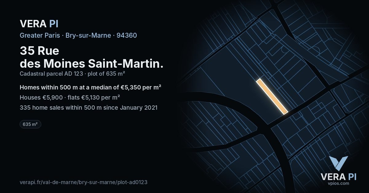 35 Rue des Moines Saint-Martin, Bry-sur-Marne at night – the plot lit, the parcels around coloured by the prices near them