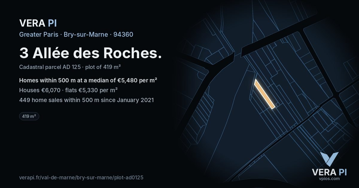3 Allée des Roches, Bry-sur-Marne at night – the plot lit, the parcels around coloured by the prices near them