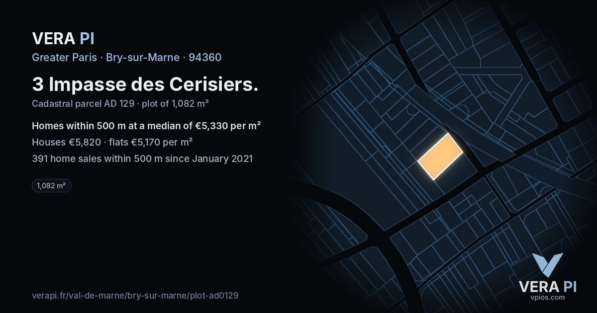 3 Impasse des Cerisiers, Bry-sur-Marne at night – the plot lit, the parcels around coloured by the prices near them