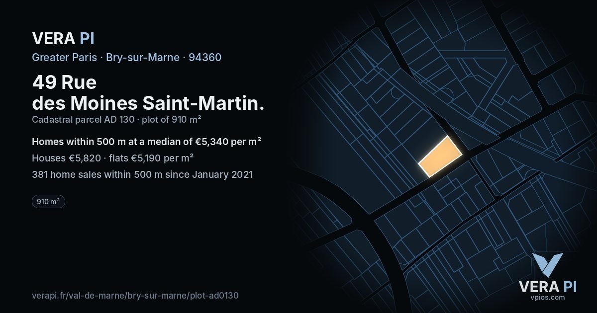 49 Rue des Moines Saint-Martin, Bry-sur-Marne at night – the plot lit, the parcels around coloured by the prices near them