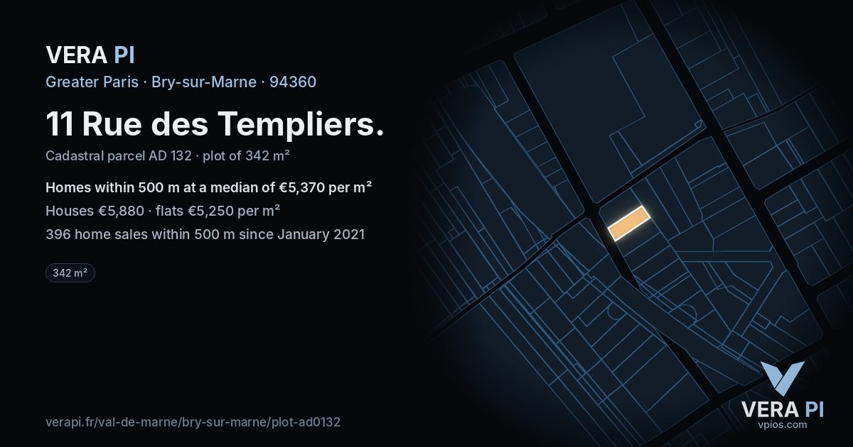 11 Rue des Templiers, Bry-sur-Marne at night – the plot lit, the parcels around coloured by the prices near them
