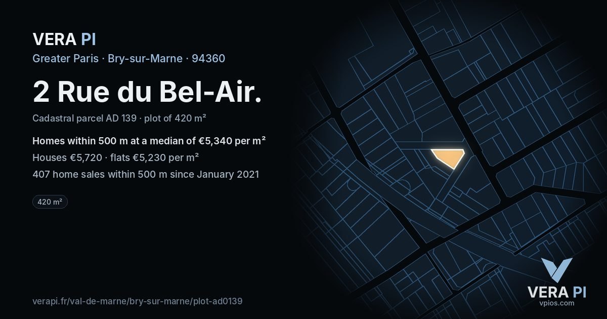 2 Rue du Bel-Air, Bry-sur-Marne at night – the plot lit, the parcels around coloured by the prices near them