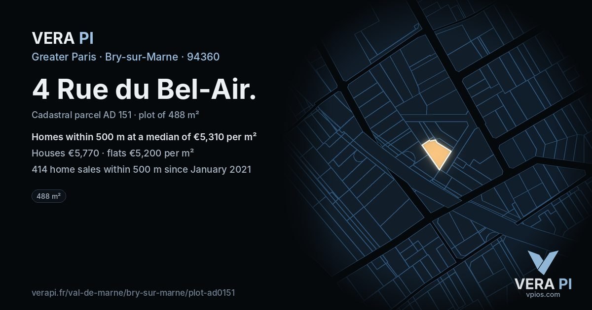 4 Rue du Bel-Air, Bry-sur-Marne at night – the plot lit, the parcels around coloured by the prices near them