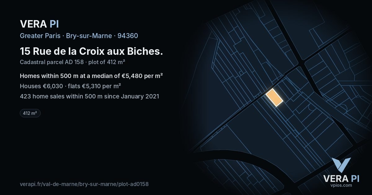 15 Rue de la Croix aux Biches, Bry-sur-Marne at night – the plot lit, the parcels around coloured by the prices near them