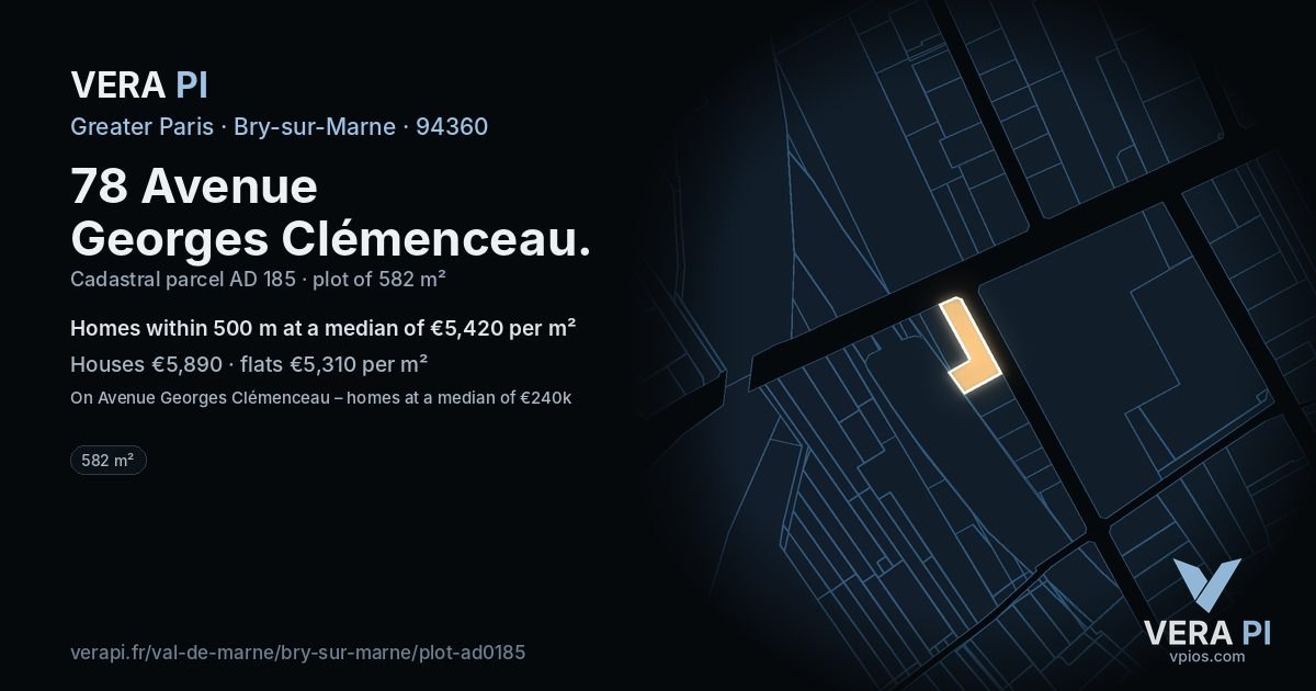 78 Avenue Georges Clémenceau, Bry-sur-Marne at night – the plot lit, the parcels around coloured by the prices near them