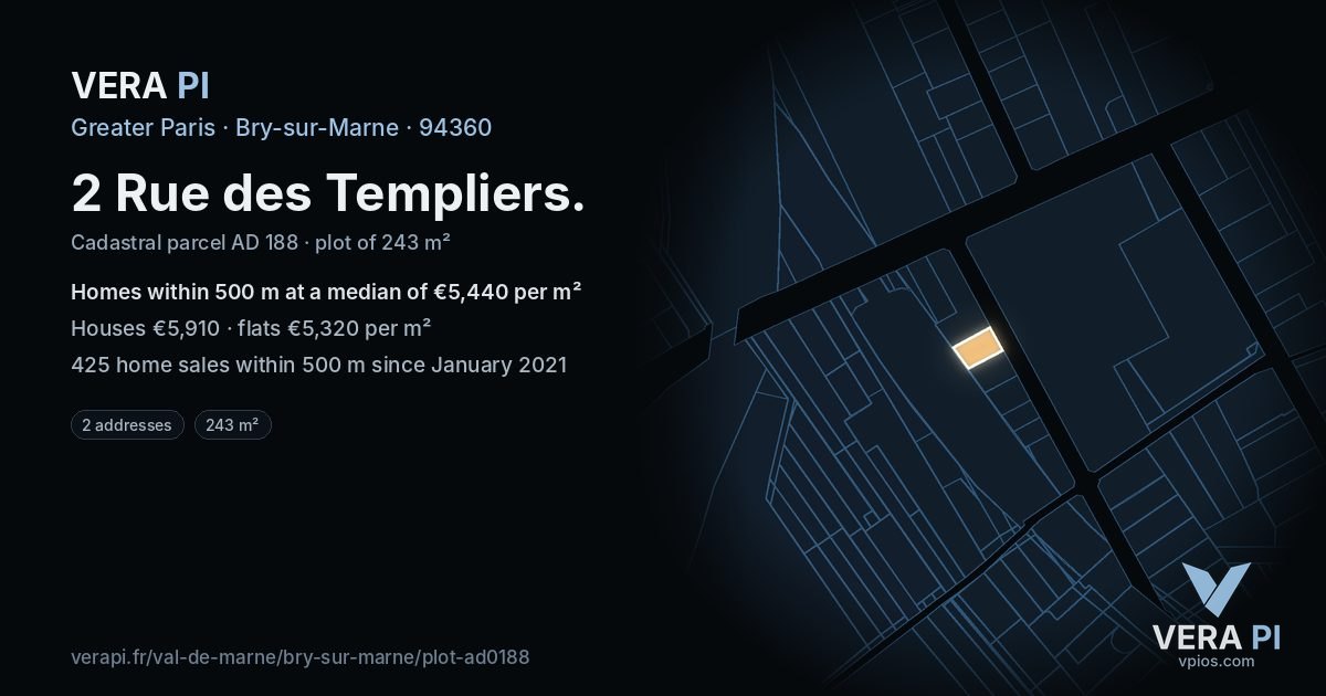 2 Rue des Templiers, Bry-sur-Marne at night – the plot lit, the parcels around coloured by the prices near them