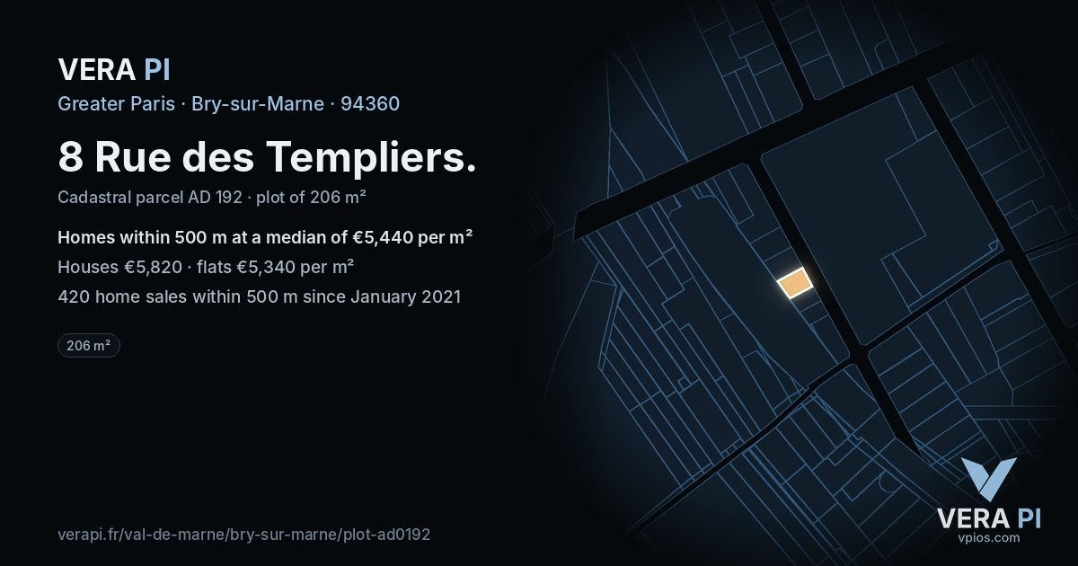 8 Rue des Templiers, Bry-sur-Marne at night – the plot lit, the parcels around coloured by the prices near them