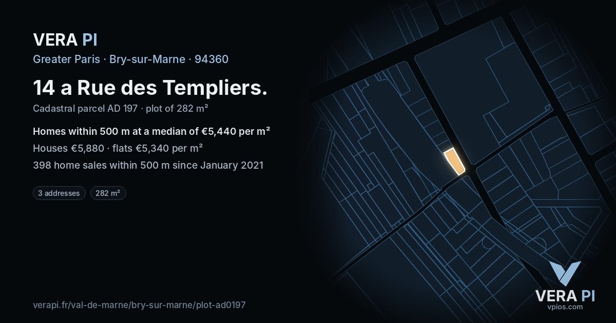 14 a Rue des Templiers, Bry-sur-Marne at night – the plot lit, the parcels around coloured by the prices near them