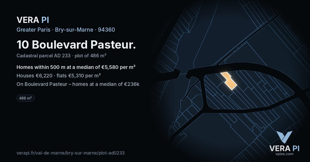 10 Boulevard Pasteur, Bry-sur-Marne at night – the plot lit, the parcels around coloured by the prices near them