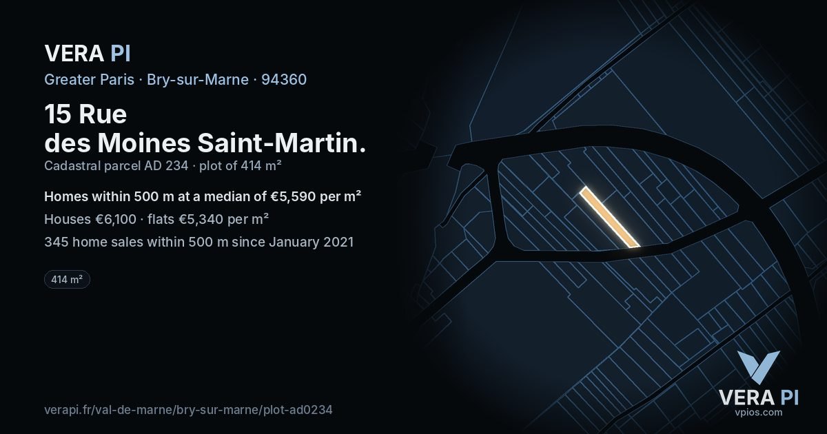 15 Rue des Moines Saint-Martin, Bry-sur-Marne at night – the plot lit, the parcels around coloured by the prices near them