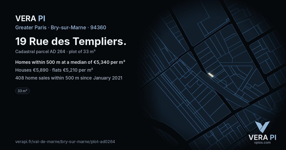19 Rue des Templiers, Bry-sur-Marne at night – the plot lit, the parcels around coloured by the prices near them